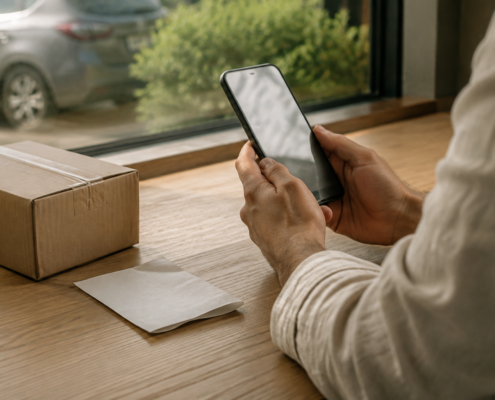 Person nutzt ein Smartphone an einem Holztisch neben einem unbeschrifteten Paket und einem gefalteten Beleg.