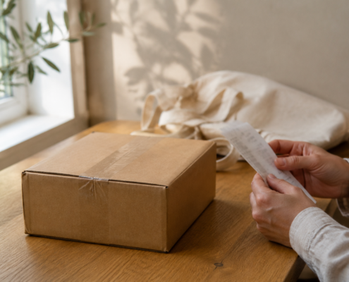 Hände halten einen Kassenbon neben einem braunen Paket auf einem Holztisch, dahinter liegt eine helle Stofftasche.