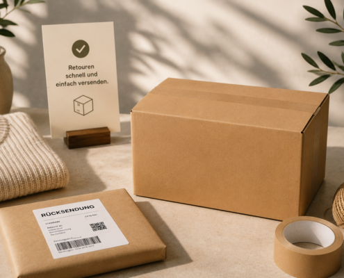 Vorfrankiertes Retourenpaket aus Deutschland mit Rücksendeetikett, Verpackung und Kleidung auf einem Tisch