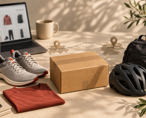 Sportartikel und Paket vor einem Laptop mit symbolischer Verbindung zwischen Deutschland und der Schweiz