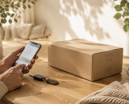 Neutrales Paket und Smartphone liegen auf einem warm beleuchteten Holztisch