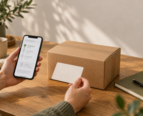Hand prüft ein Paket und einen digitalen Sendungsstatus an einem Holztisch.
