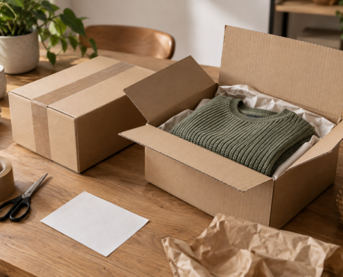 Geöffnetes Paket mit gefaltetem Pullover und versandfertiger Rücksendung auf einem Holztisch