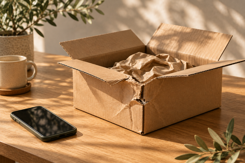 Geöffneter Karton mit eingedrückter Ecke und Verpackungspapier neben einem Smartphone