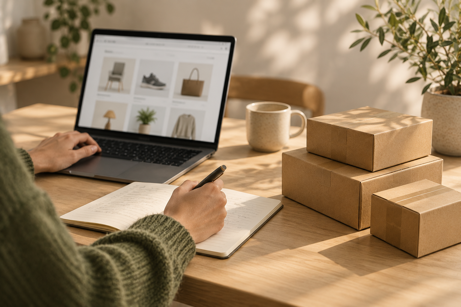 Eine Person vergleicht am Laptop Online-Angebote, neben ihr liegen ein Notizbuch und drei Pakete.