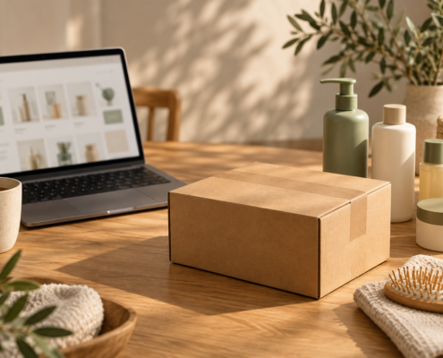 Unbeschriftete Pflegeprodukte, ein Paket und ein Laptop auf einem Holztisch.
