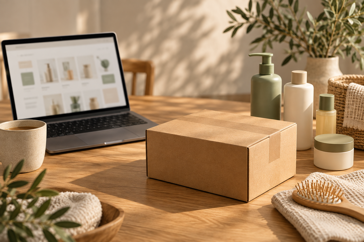 Unbeschriftete Pflegeprodukte, ein Paket und ein Laptop auf einem Holztisch.