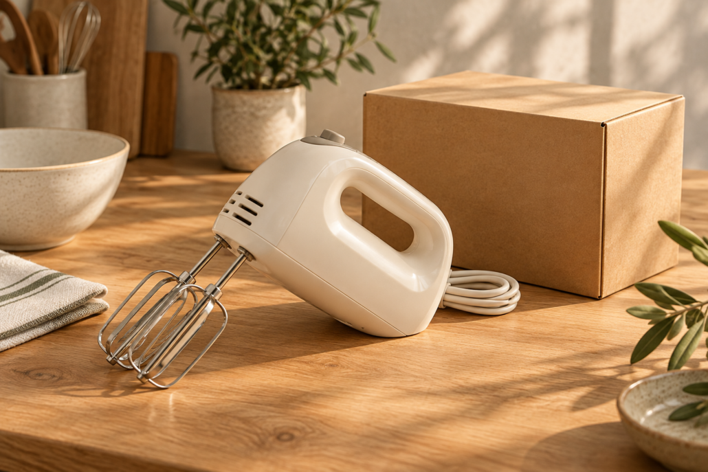 Heller Handmixer mit Zubehör und aufgerolltem Kabel neben einem Versandkarton