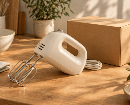 Heller Handmixer mit Zubehör und aufgerolltem Kabel neben einem Versandkarton