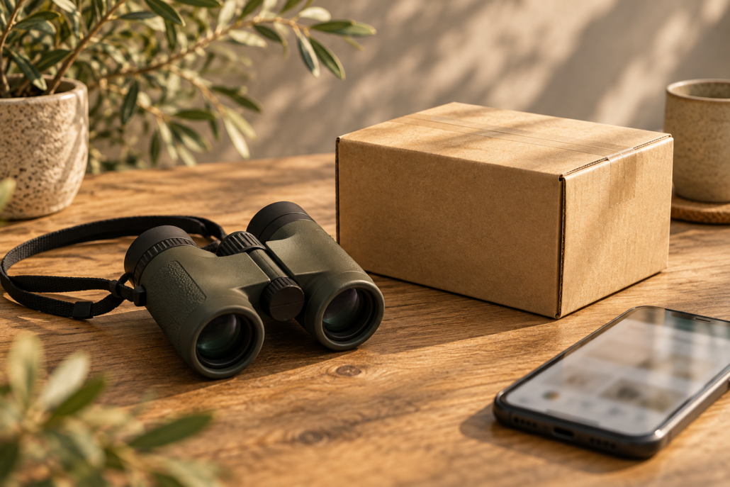 Fernglas neben einem neutralen Paket und Smartphone auf einem Holztisch