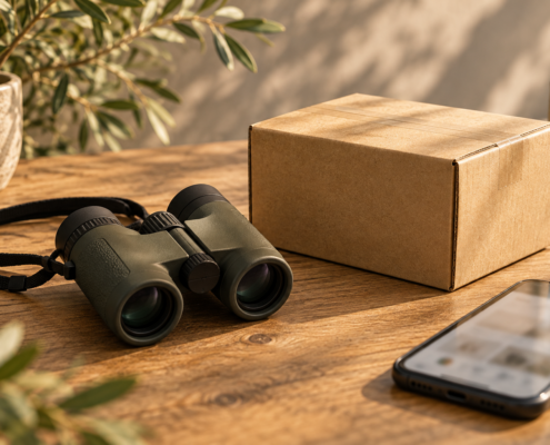 Fernglas neben einem neutralen Paket und Smartphone auf einem Holztisch