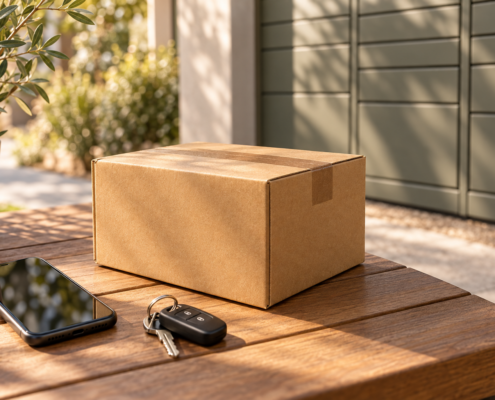 Paket, Smartphone und Autoschlüssel auf einem Holztisch vor unscharfen neutralen Paketfächern