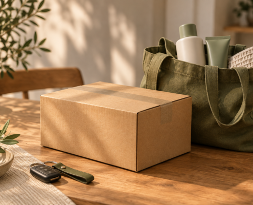 Ein Paket, eine grüne Einkaufstasche, Pflegeprodukte und ein Autoschlüssel auf einem Holztisch.