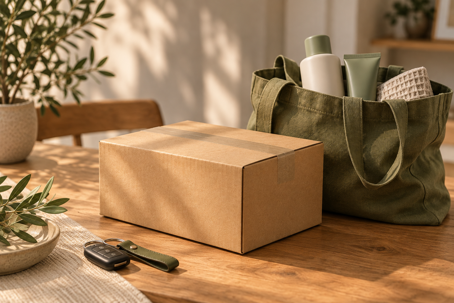 Ein Paket, eine grüne Einkaufstasche, Pflegeprodukte und ein Autoschlüssel auf einem Holztisch.