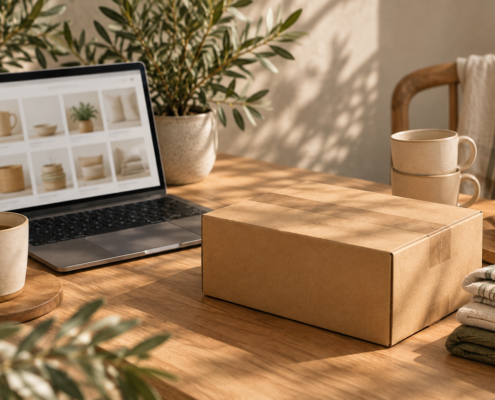 Ein Paket, Keramikbecher, gefaltete Textilien und ein Laptop auf einem Holztisch.