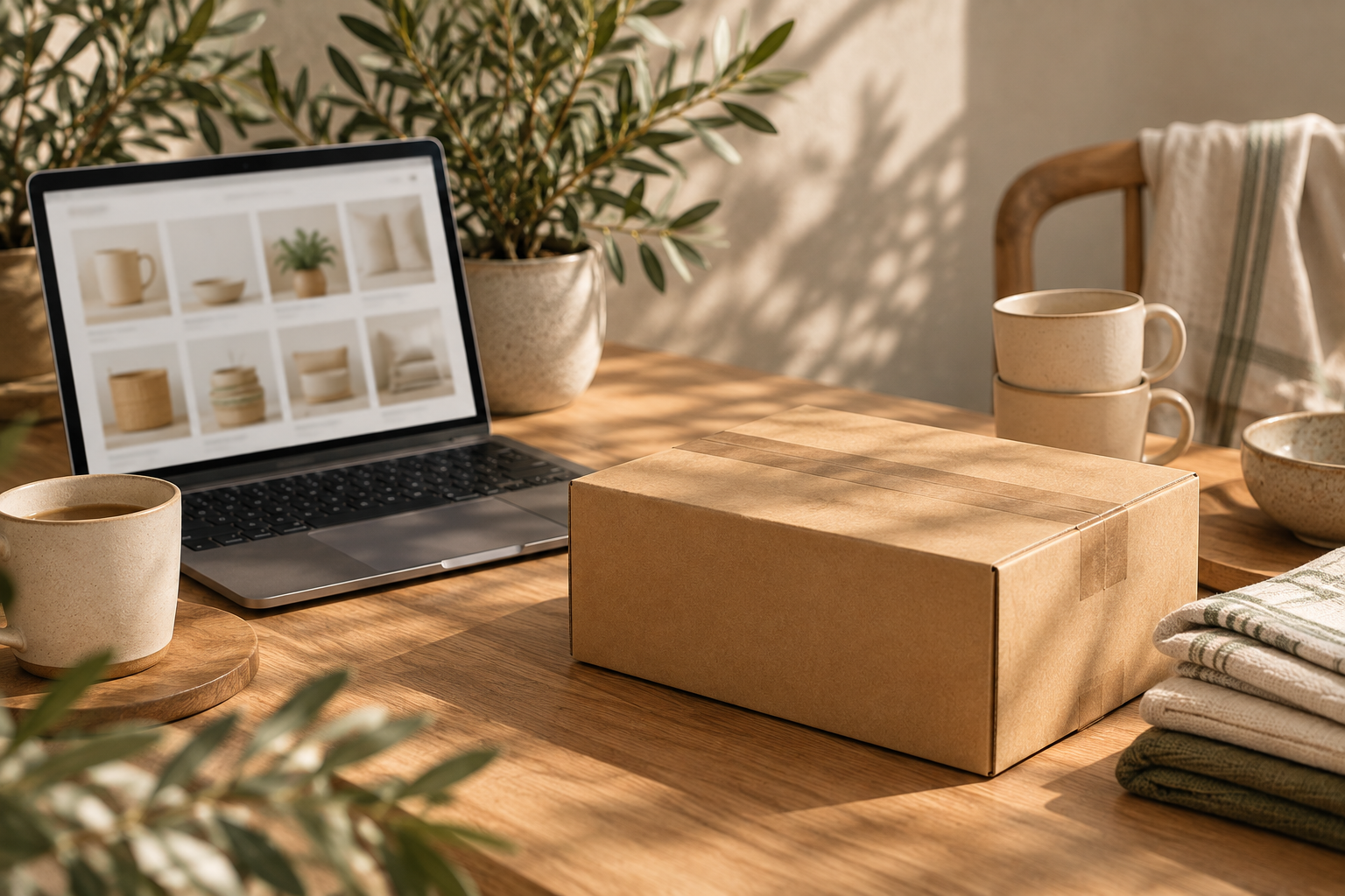 Ein Paket, Keramikbecher, gefaltete Textilien und ein Laptop auf einem Holztisch.
